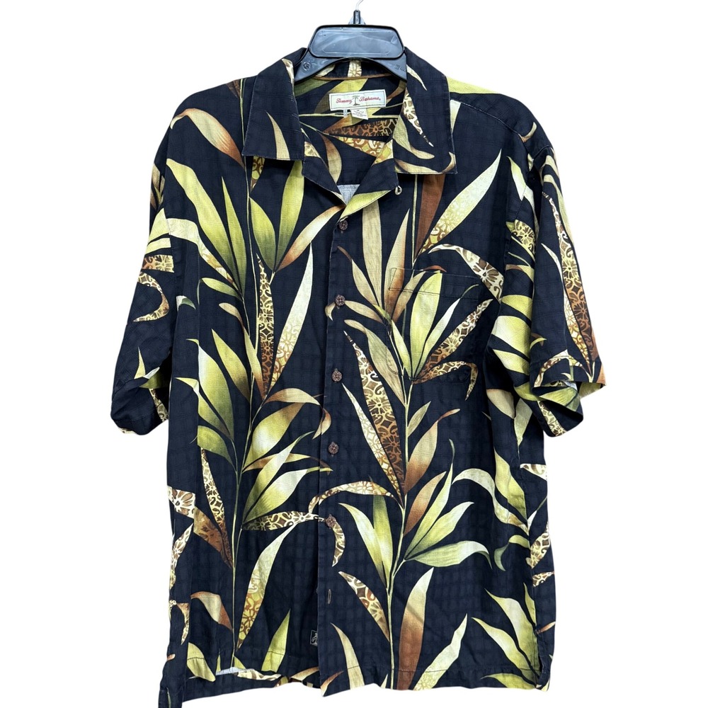 Tommy Bahama Silk Shirt Medium Black Green Brown Leaf Tropical Resort‎